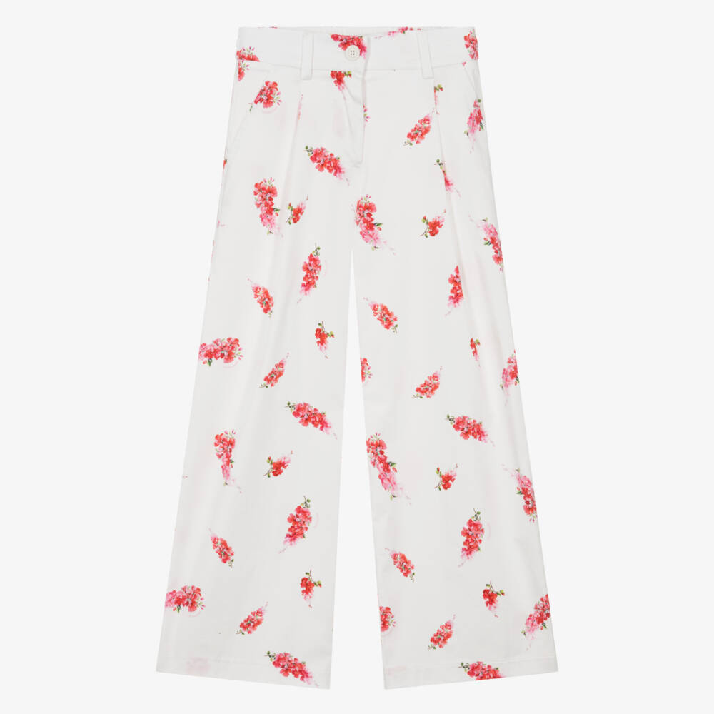 Monnalisa Chic-Girls White & Pink Floral Print Cotton Wide-Leg Trousers | Childrensalon Outlet