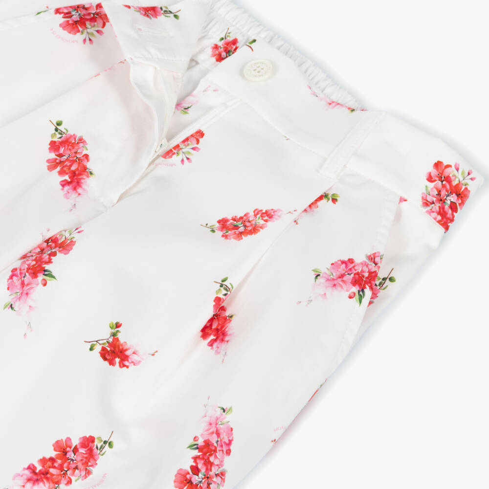 Monnalisa Chic-Girls White & Pink Floral Print Cotton Wide-Leg Trousers | Childrensalon Outlet
