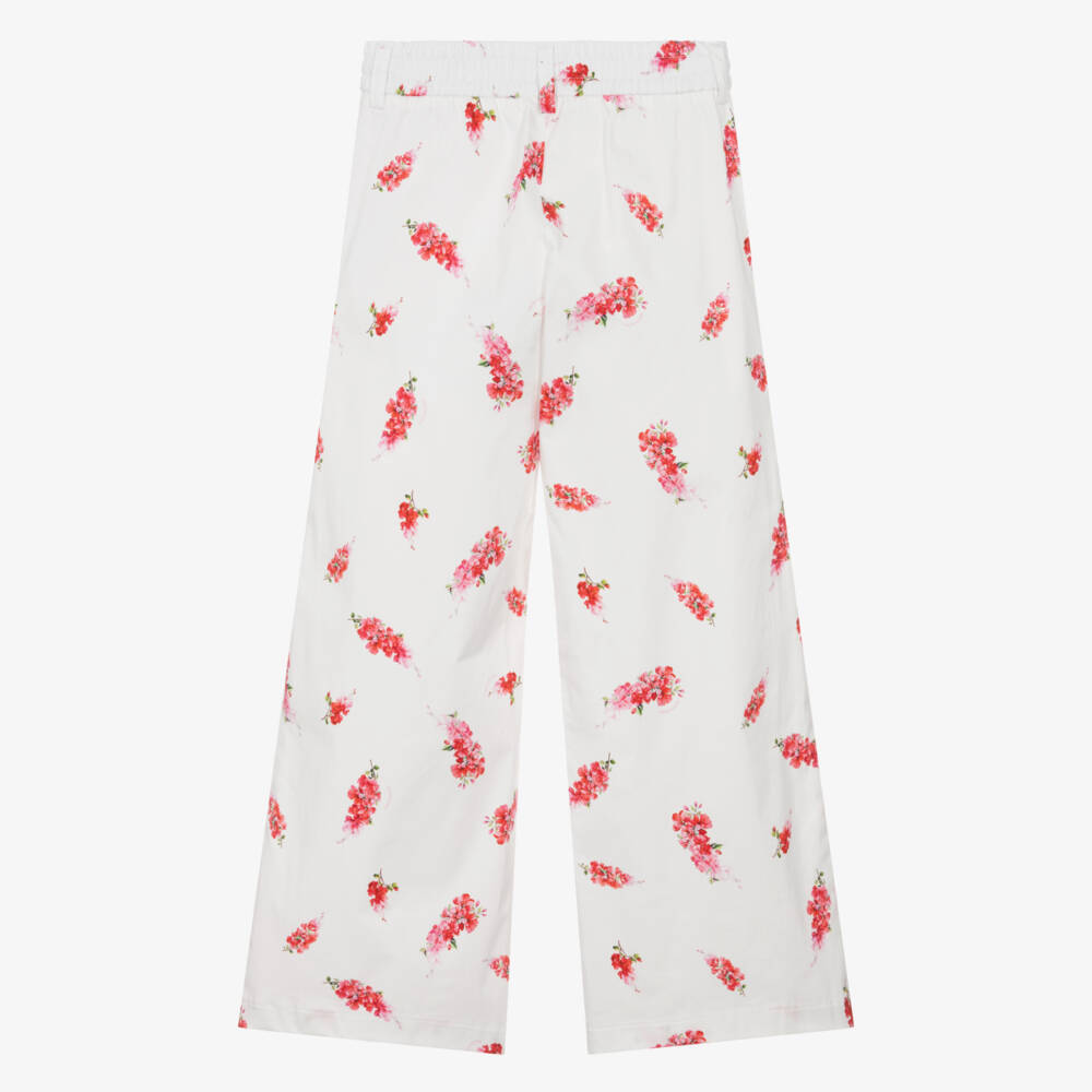 Monnalisa Chic-Girls White & Pink Floral Print Cotton Wide-Leg Trousers | Childrensalon Outlet