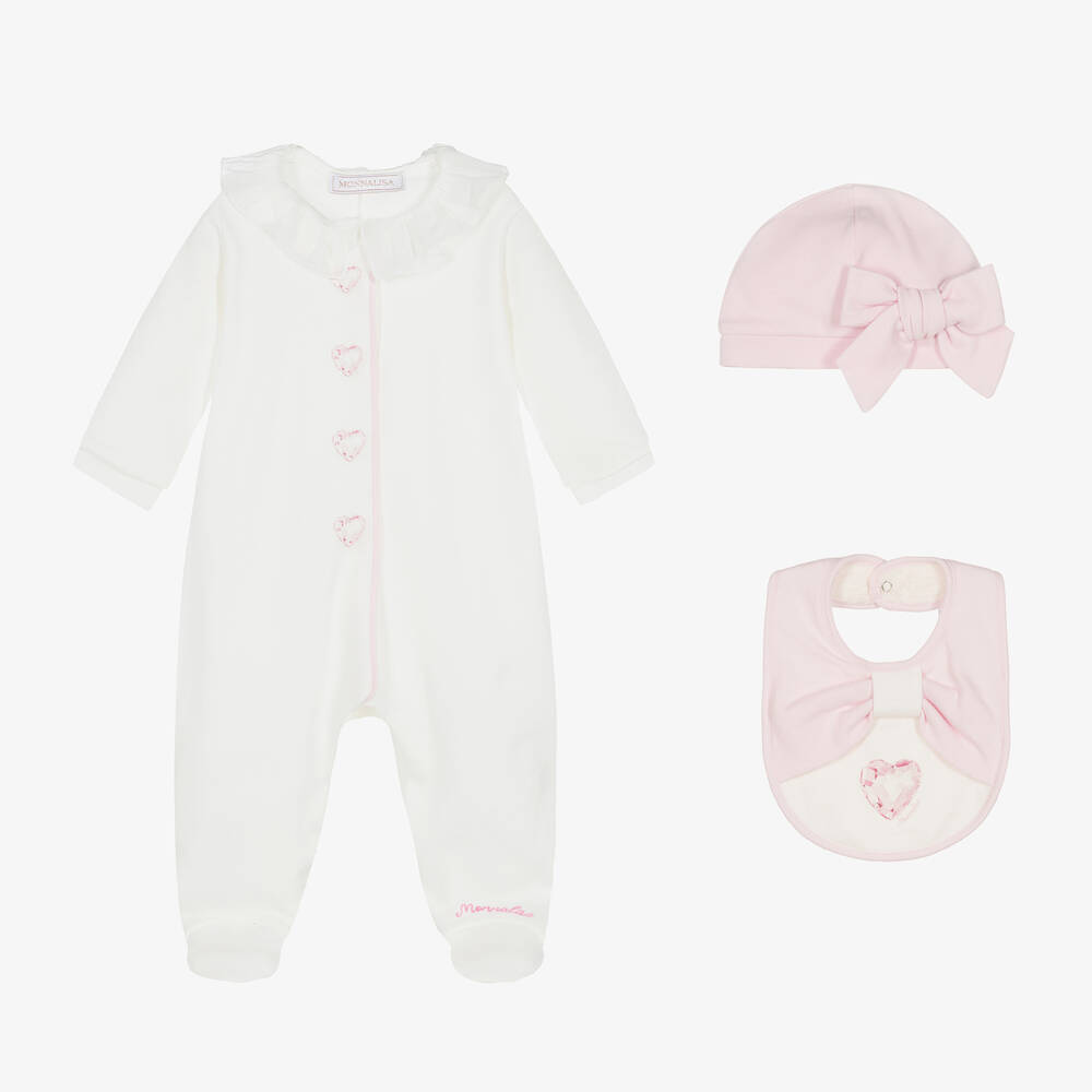 Monnalisa - Girls White & Pink Heart Crystal Babygrow Set | Childrensalon