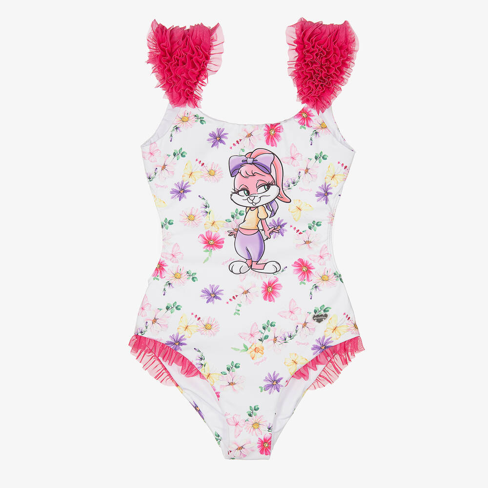 Monnalisa - Girls White & Pink Lola Bunny Swimsuit | Childrensalon