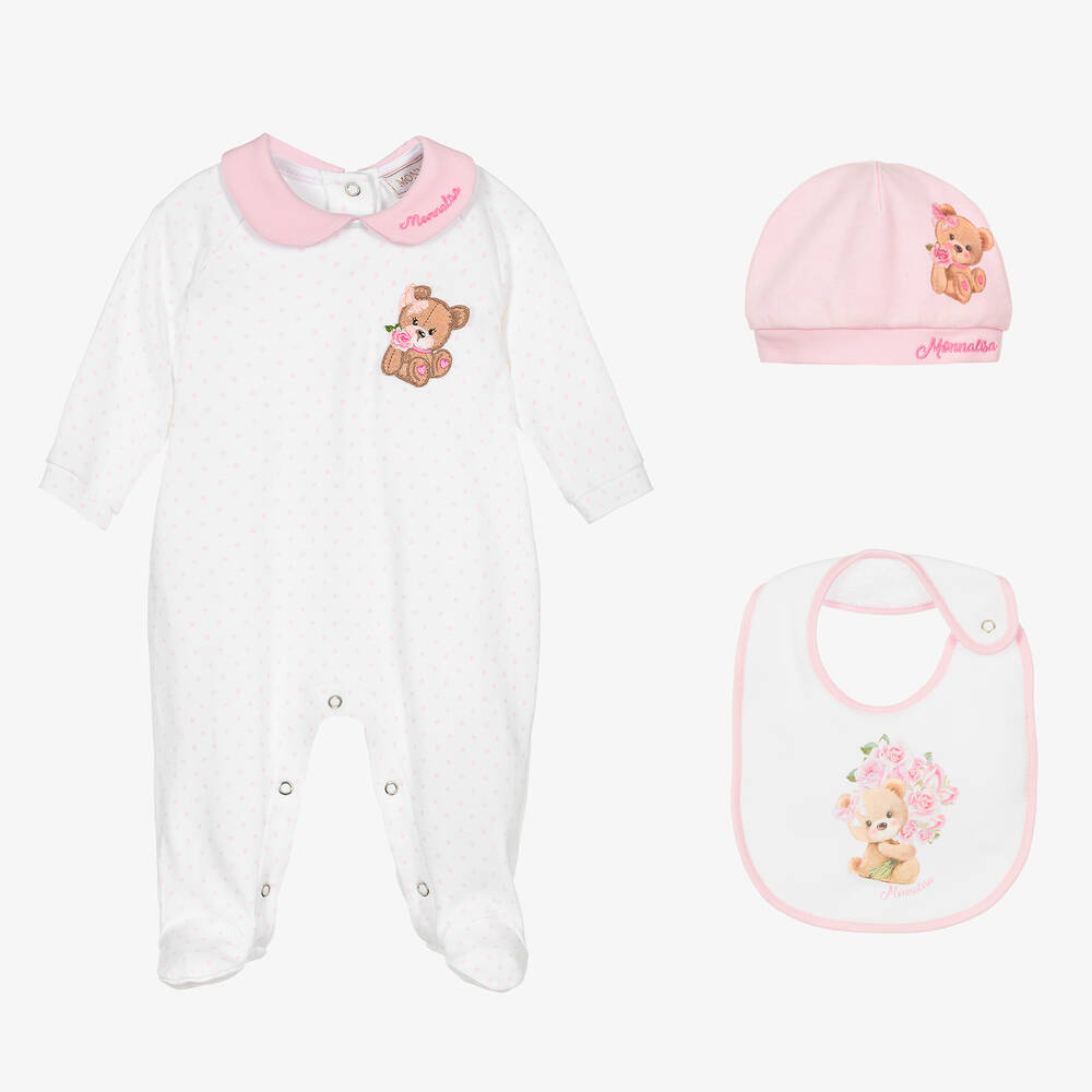 Monnalisa - Girls White & Pink Polka Dot Bear Babygrow Set | Childrensalon
