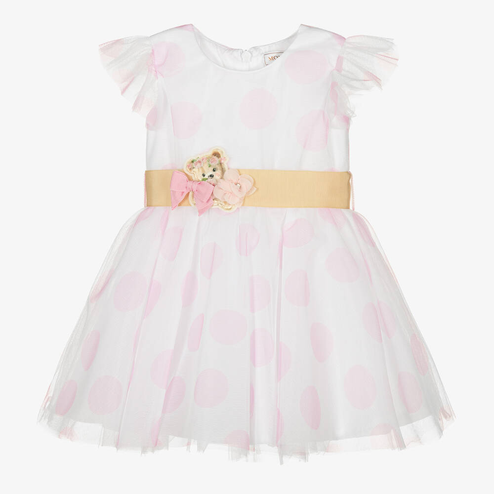 Monnalisa - Girls White & Pink Polka Dot Tulle Dress | Childrensalon