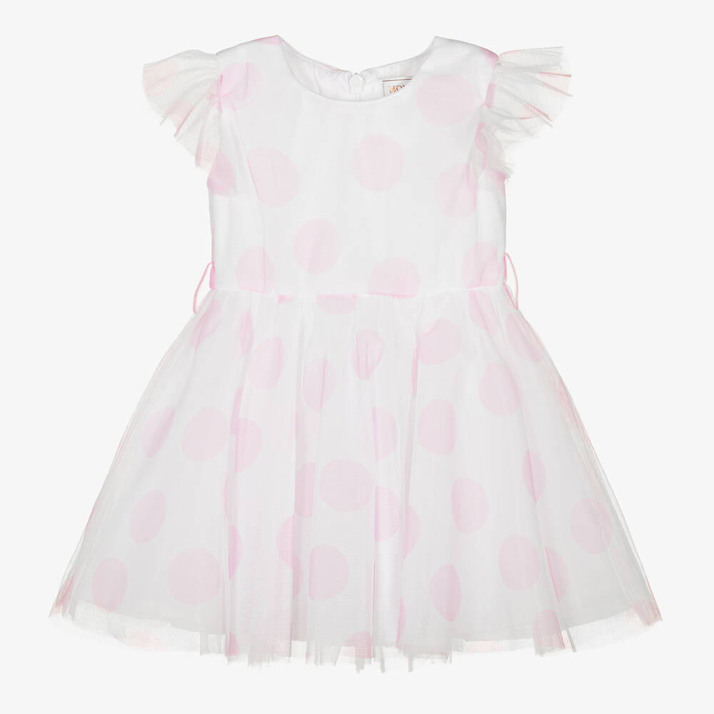 Monnalisa-Girls White & Pink Polka Dot Tulle Dress | Childrensalon Outlet