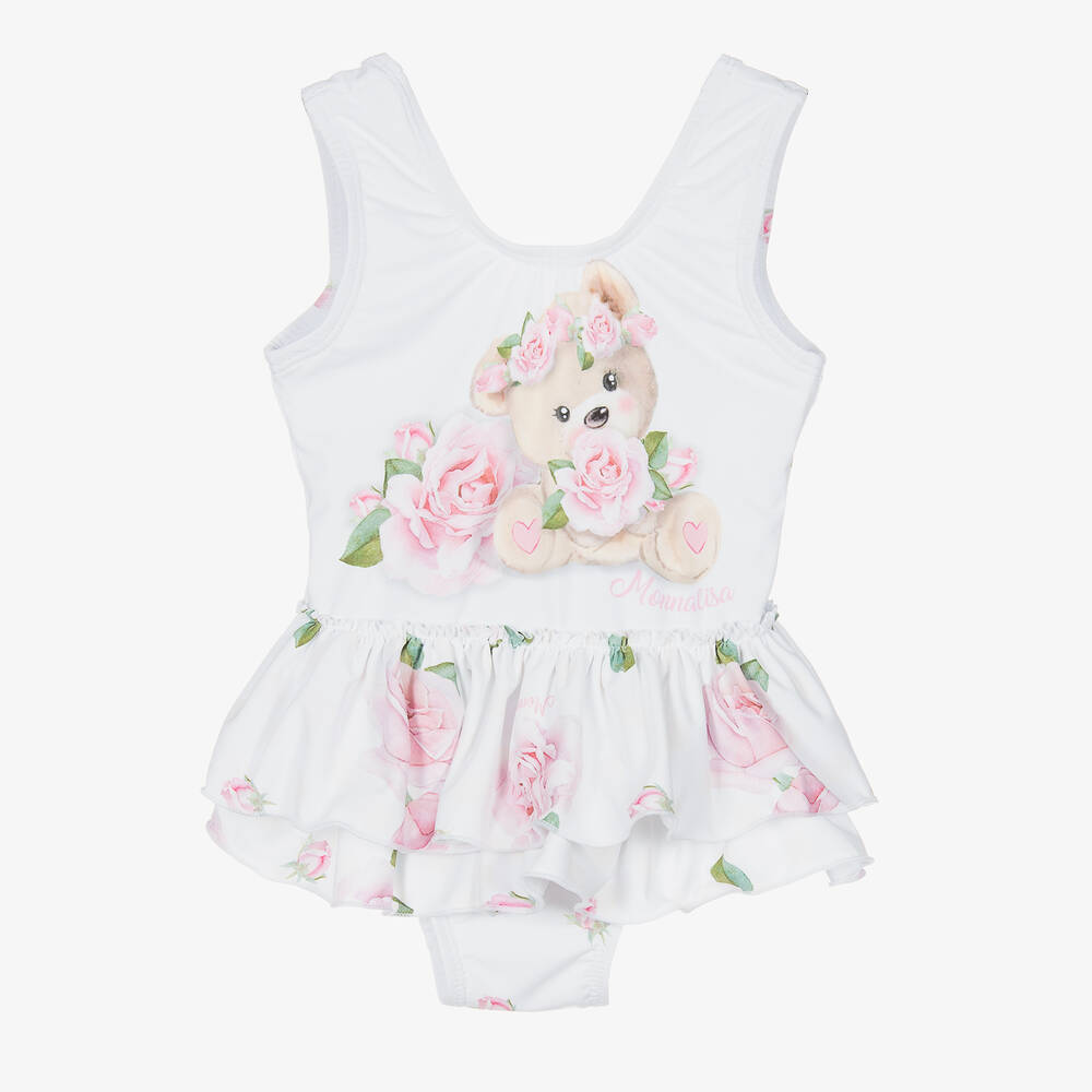 Monnalisa - Girls White & Pink Roses & Bear Swimsuit | Childrensalon