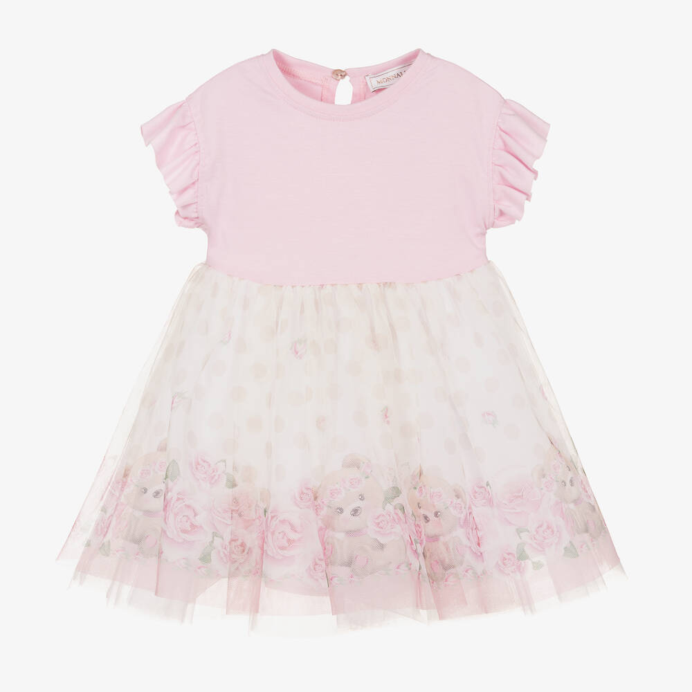 Monnalisa - Бело-розовое платье из тюля с розами и медвежатами | Childrensalon