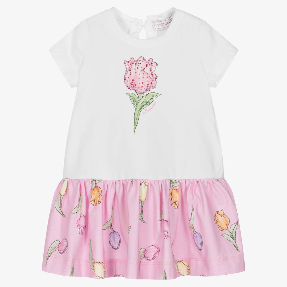 Monnalisa - Бело-розовое платье с тюльпанами | Childrensalon