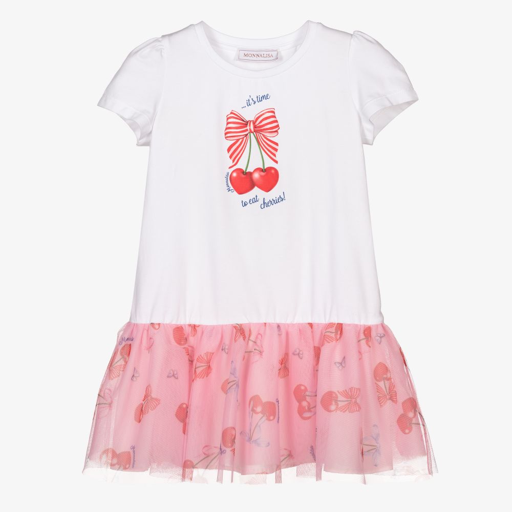 Monnalisa - Girls White & Pink Tulle Dress | Childrensalon