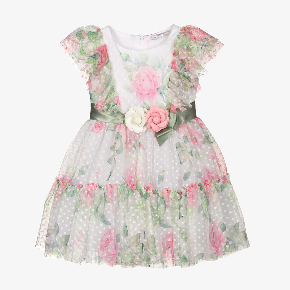 Monnalisa - Tüllkleid in Weiß und Rosa (M) | Childrensalon