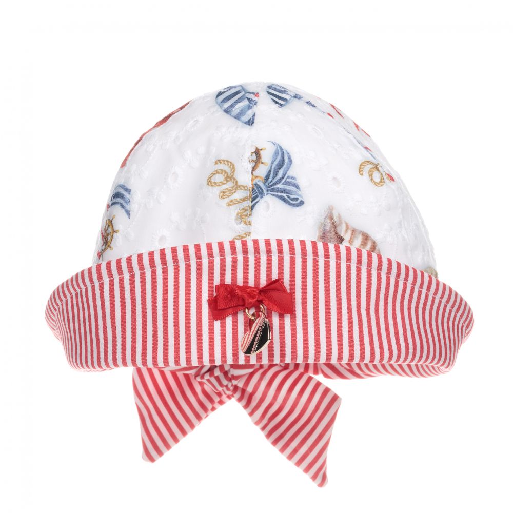 Monnalisa - Girls White & Red Cotton Hat | Childrensalon