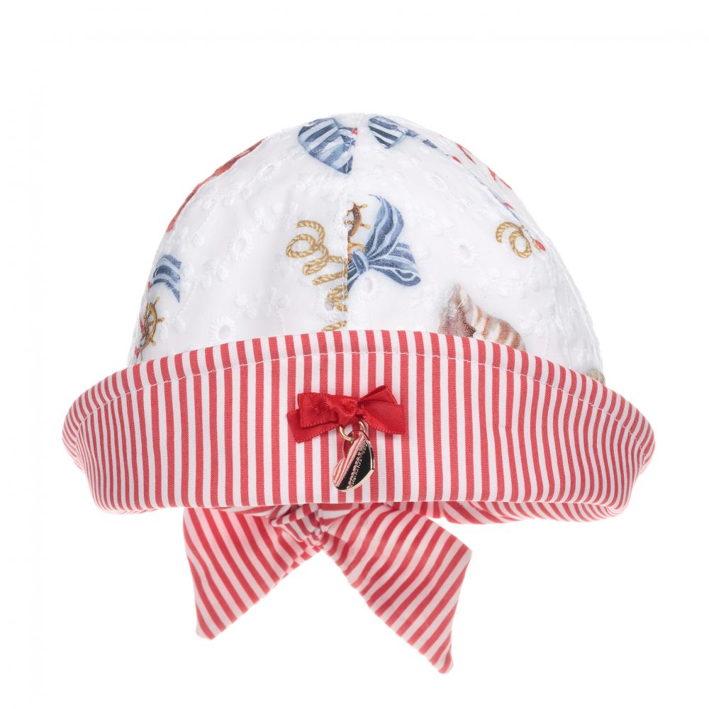 Monnalisa-Хлопковая шапочка белого и красного цвета для девочек | Childrensalon Outlet