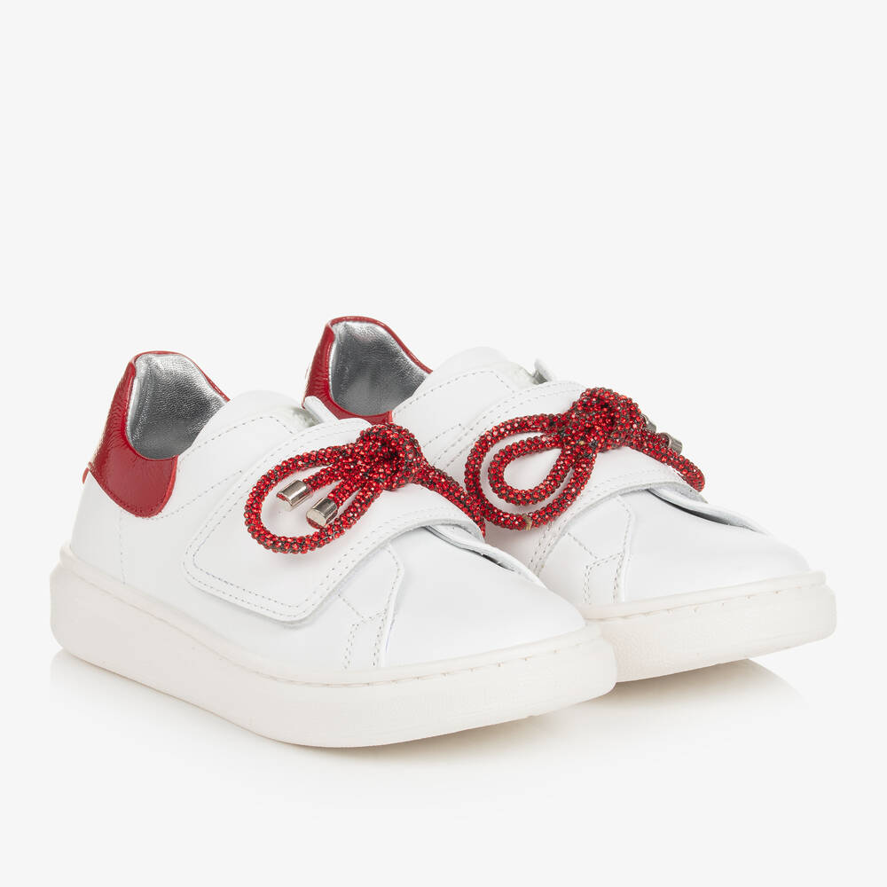 Monnalisa - Girls White & Red Diamanté Bow Trainers | Childrensalon