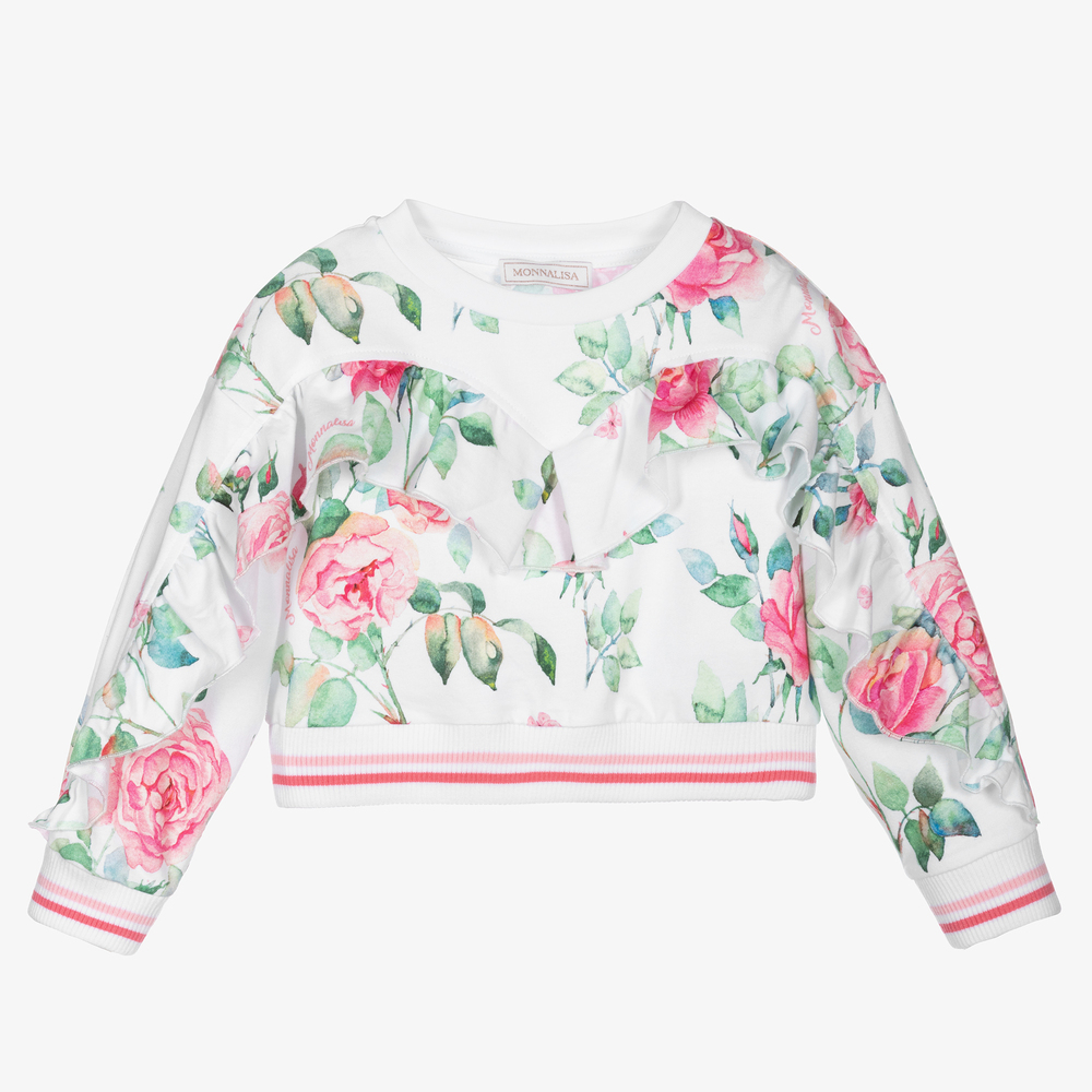 Monnalisa - Girls White Rose Sweatshirt | Childrensalon