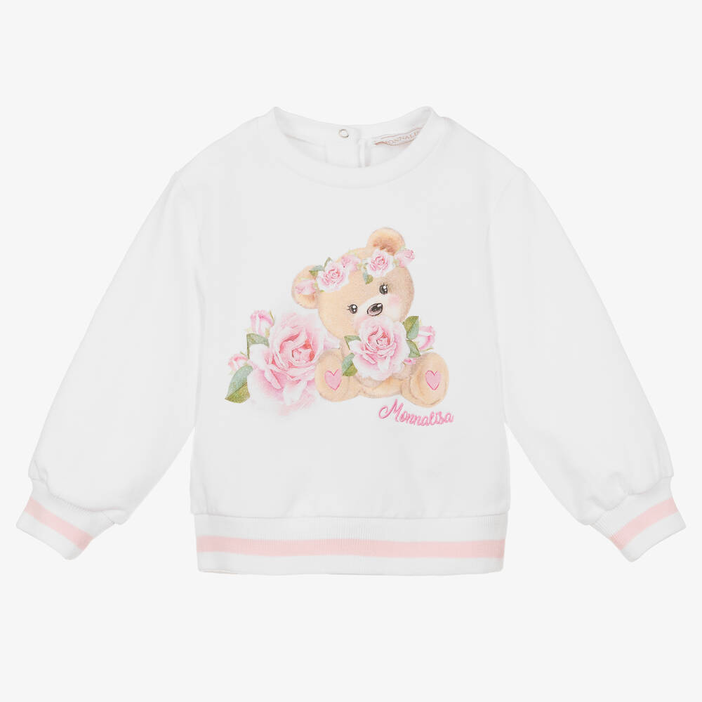 Monnalisa - Girls White Roses & Bear Sweatshirt | Childrensalon