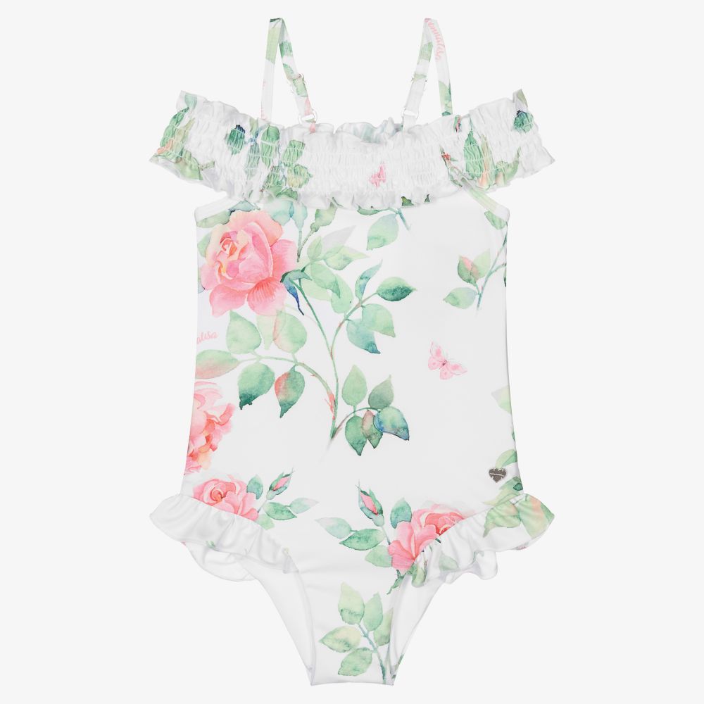 Monnalisa - Girls White Roses Swimsuit | Childrensalon