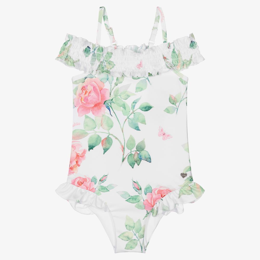Monnalisa-Girls White Roses Swimsuit | Childrensalon Outlet