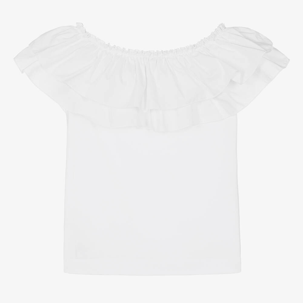 Monnalisa-تيشيرت قطن بوبلين لون أبيض مزين بكشكش للبنات | Childrensalon Outlet