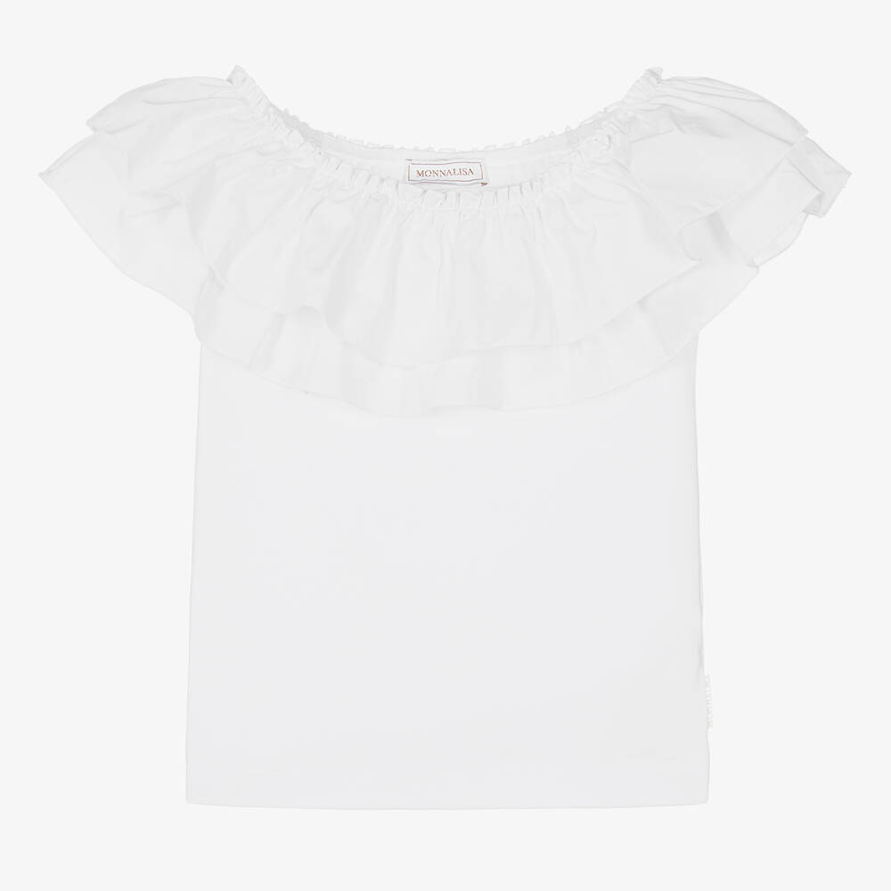 Monnalisa-Girls White Ruffle Cotton T-Shirt | Childrensalon Outlet