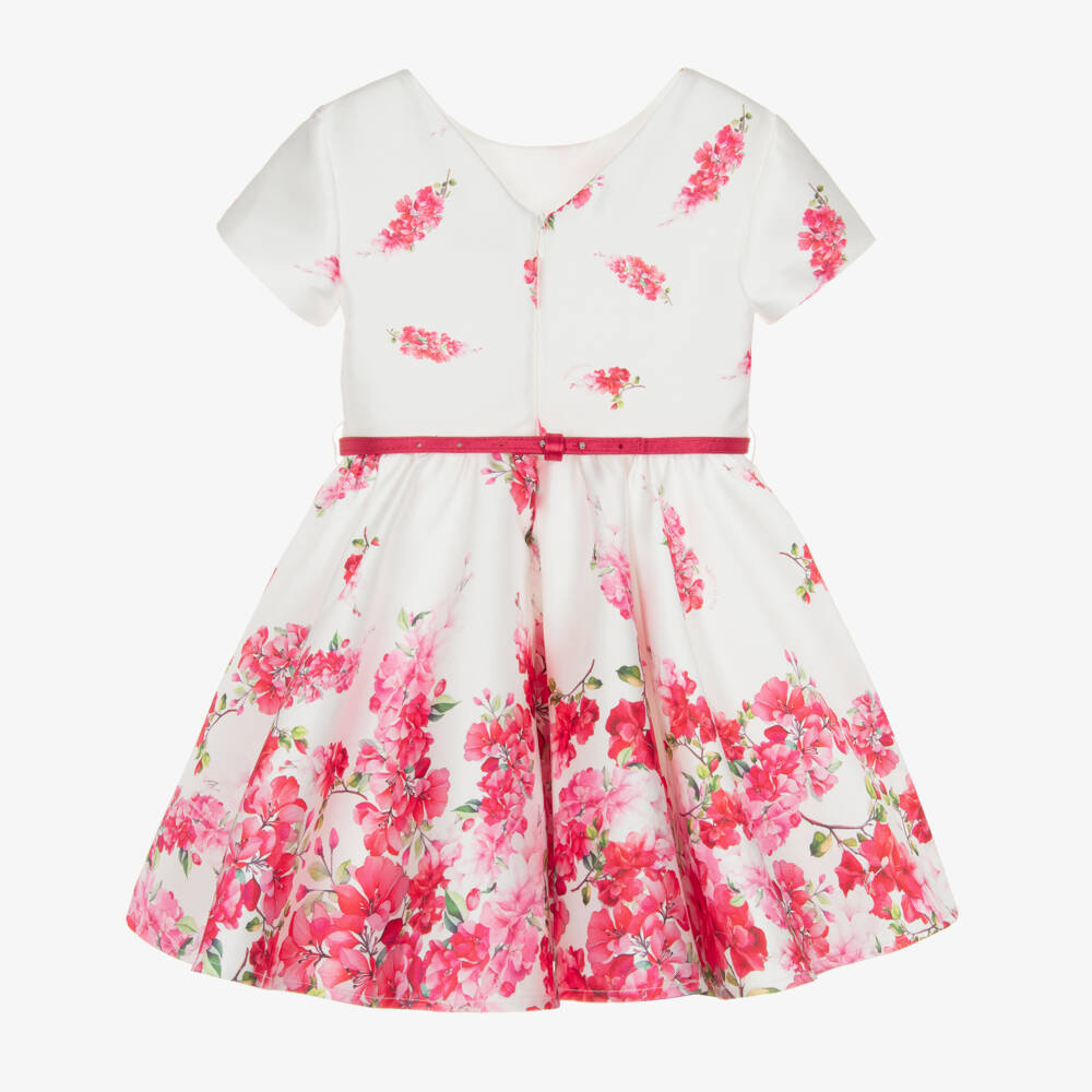 Monnalisa Chic-Girls White Satin Dress with Pink Floral Pattern | Childrensalon Outlet