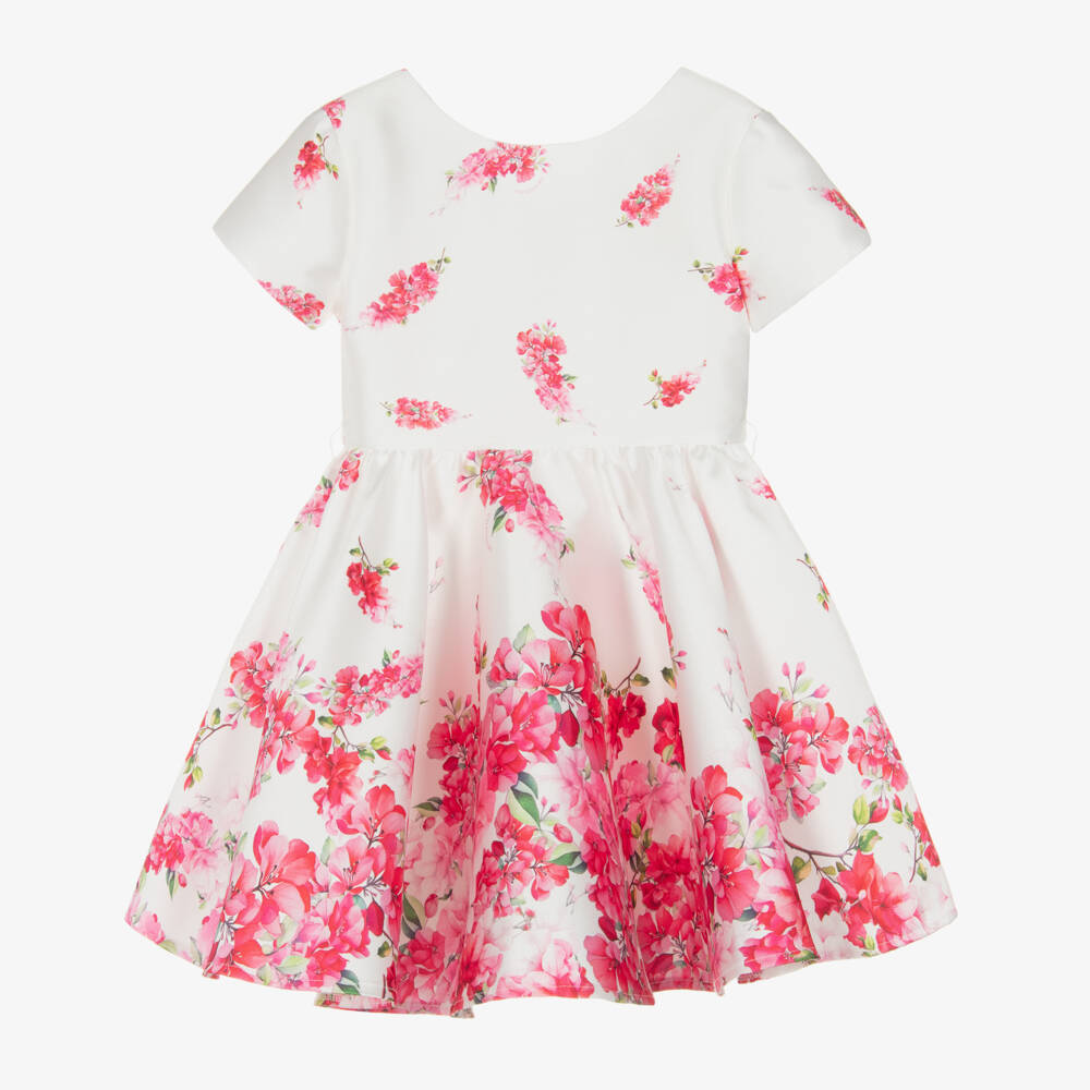 Monnalisa Chic-Girls White Satin Dress with Pink Floral Pattern | Childrensalon Outlet