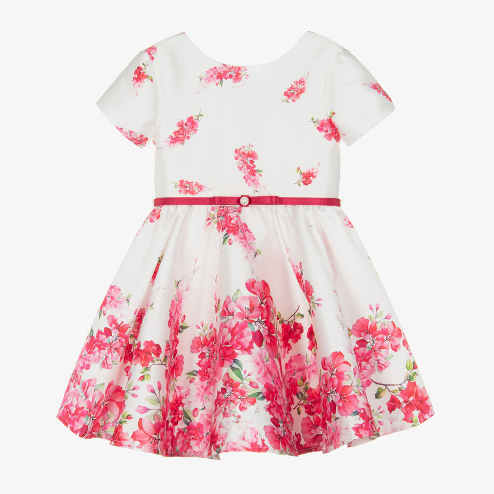 Monnalisa Chic-Girls White Satin Dress with Pink Floral Pattern | Childrensalon Outlet