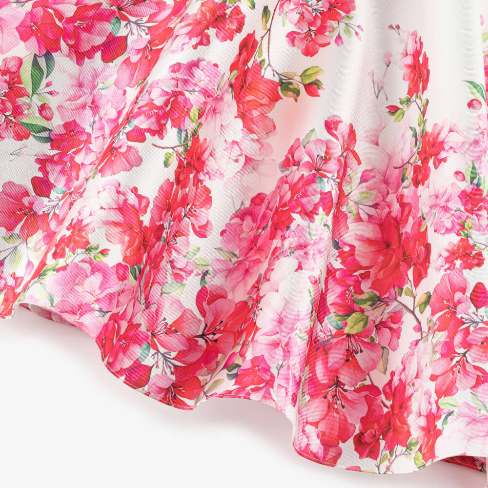 Monnalisa Chic-Girls White Satin Dress with Pink Floral Pattern | Childrensalon Outlet