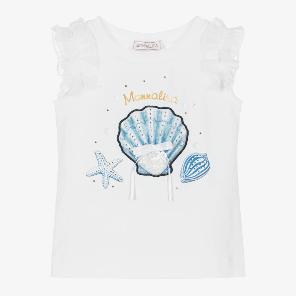 Monnalisa-Girls White Sea Shell Cotton T-Shirt | Childrensalon Outlet