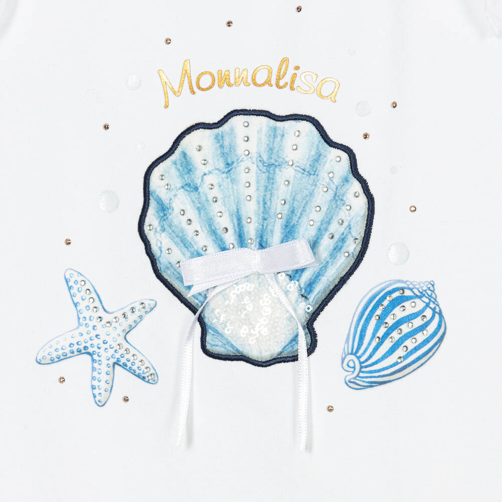 Monnalisa-Girls White Sea Shell Cotton T-Shirt | Childrensalon Outlet