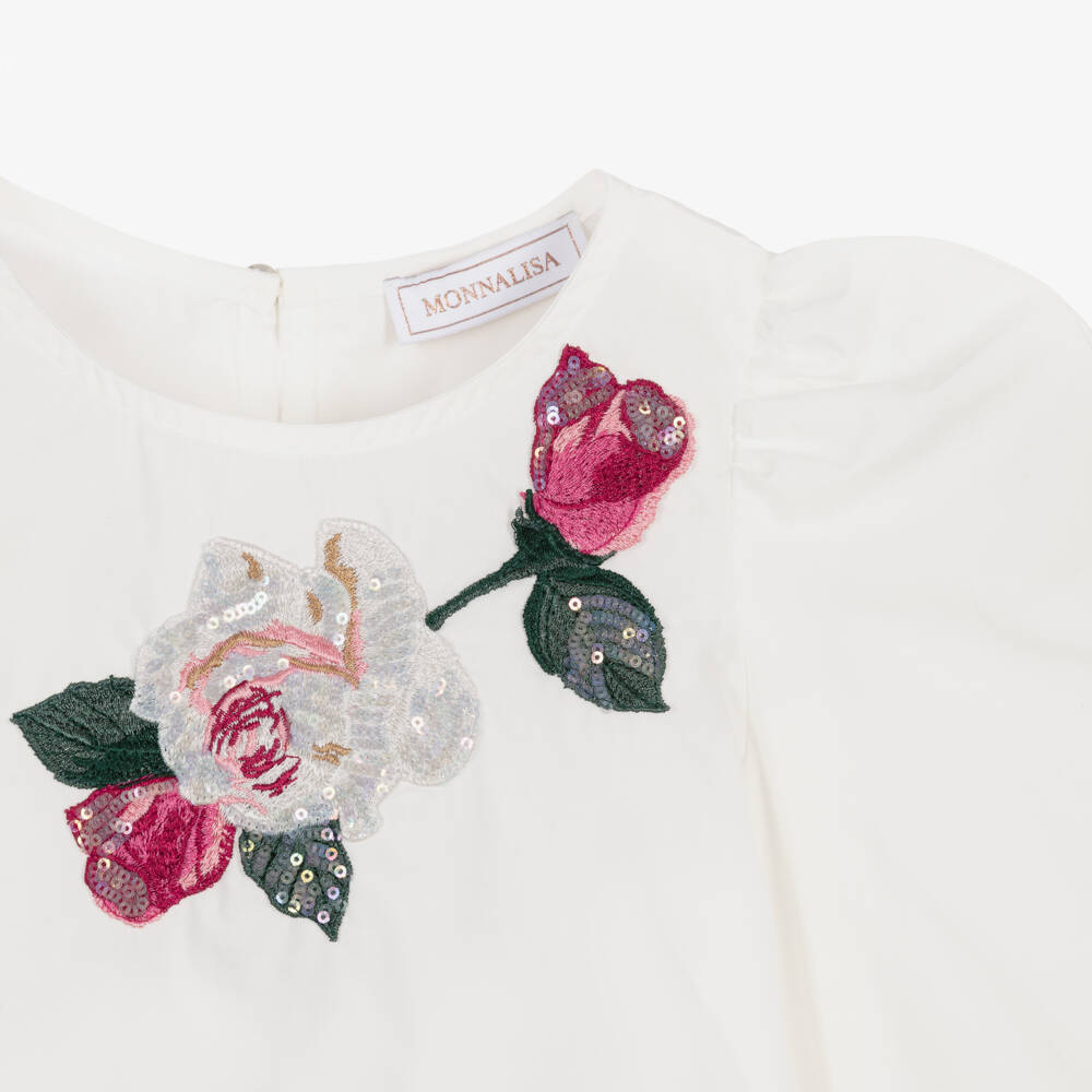 Monnalisa-Girls White Sequin Floral Top | Childrensalon Outlet