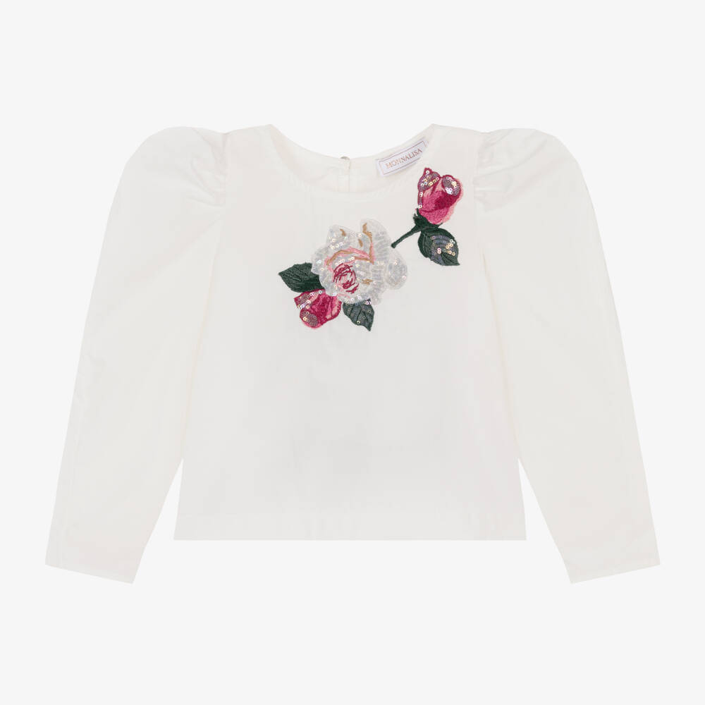 Monnalisa-Girls White Sequin Floral Top | Childrensalon Outlet