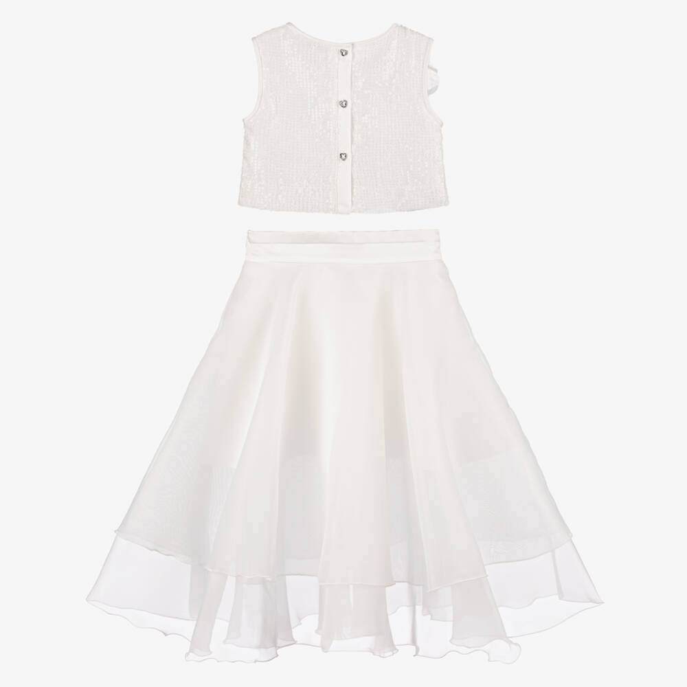 Monnalisa-طقم بناتي أبيض مزين بالترتر والأورجانزا | Childrensalon Outlet