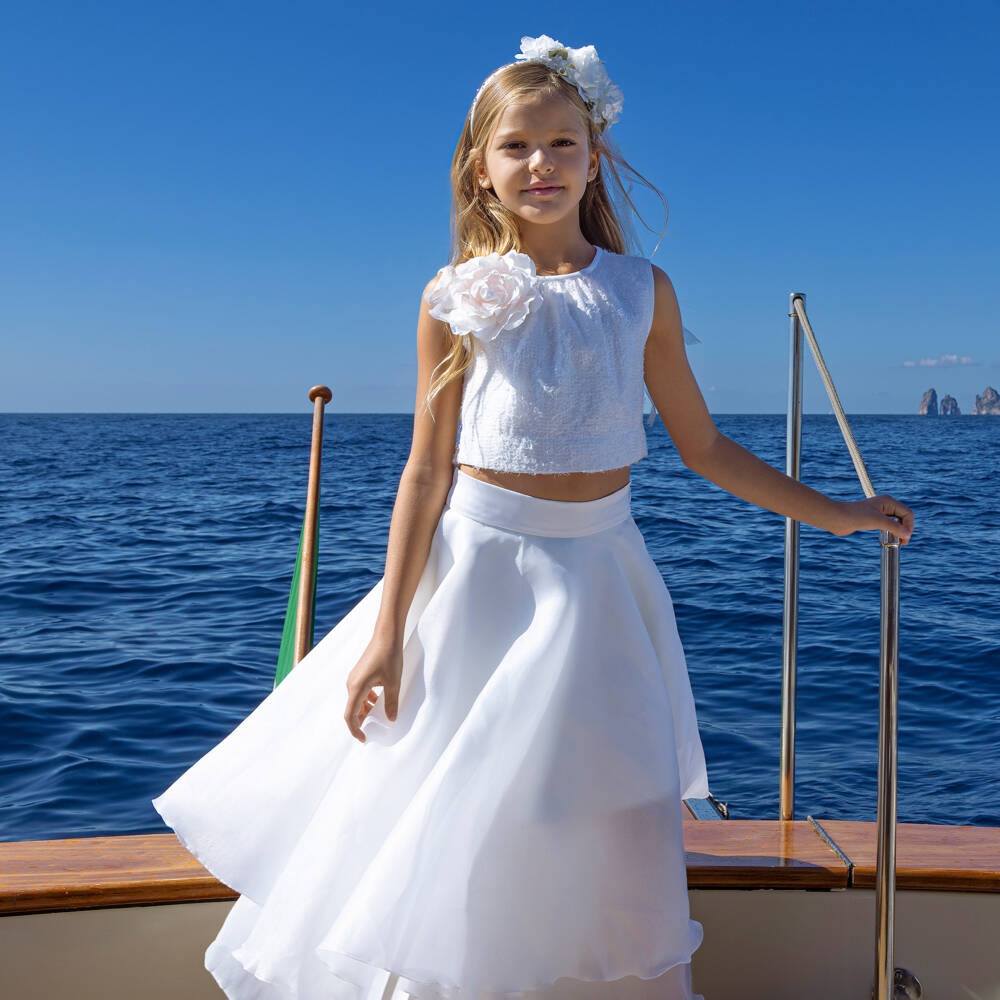 Monnalisa-طقم بناتي أبيض مزين بالترتر والأورجانزا | Childrensalon Outlet