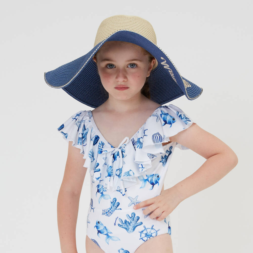 Monnalisa-Girls White Shell Print Swimsuit | Childrensalon Outlet