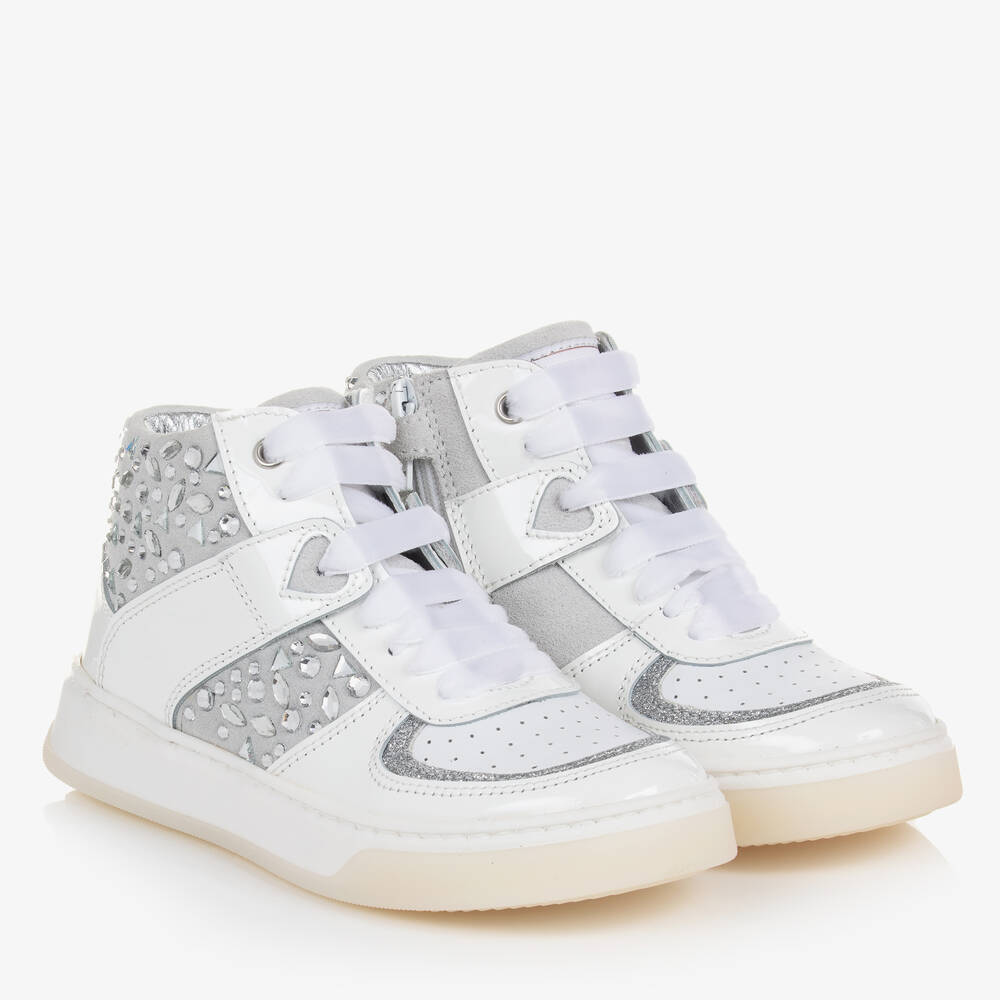 Monnalisa - Girls White & Silver High-Top Trainers | Childrensalon