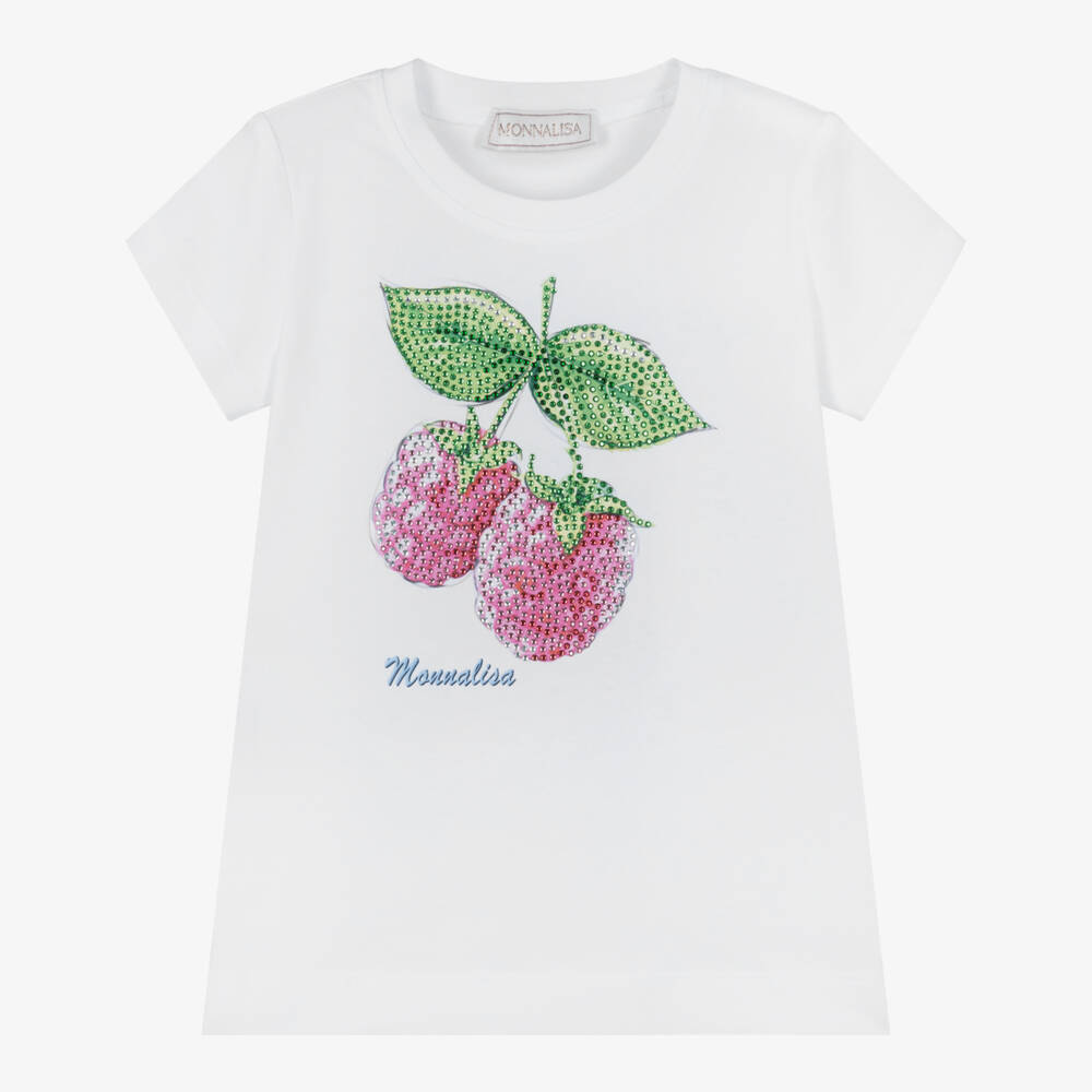 Monnalisa-Белая блестящая футболка с малиной для девочек | Childrensalon Outlet