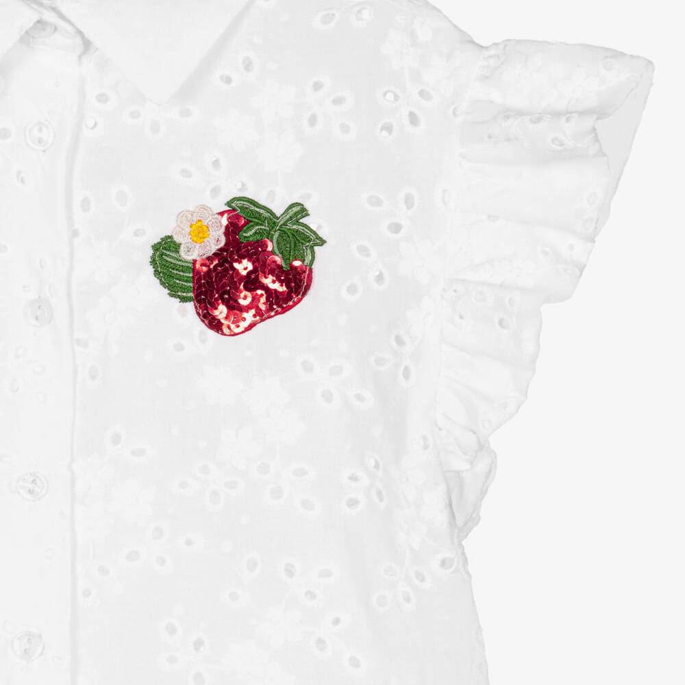 Monnalisa-Girls White Strawberry Embroidered Blouse | Childrensalon Outlet