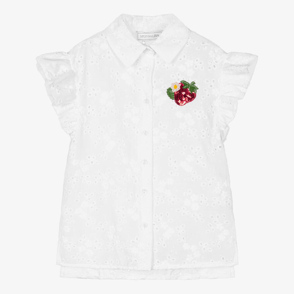 Monnalisa-Girls White Strawberry Embroidered Blouse | Childrensalon Outlet