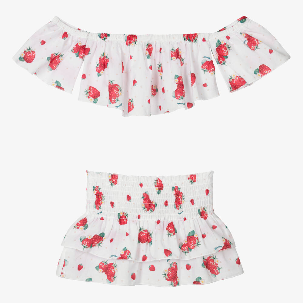 Monnalisa-Girls White Strawberry Print Skirt Set | Childrensalon Outlet