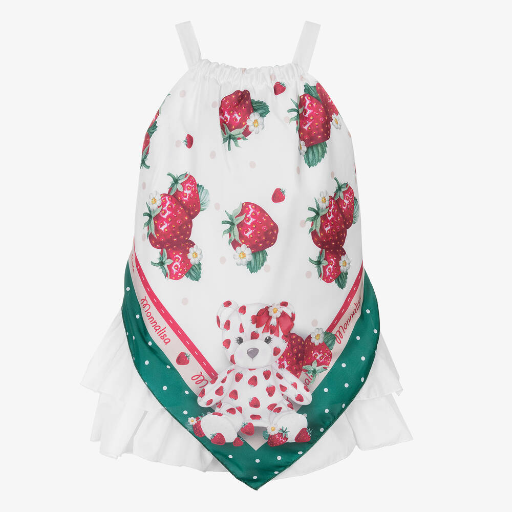Monnalisa-Girls White Strawberry Satin Scarf Dress | Childrensalon Outlet