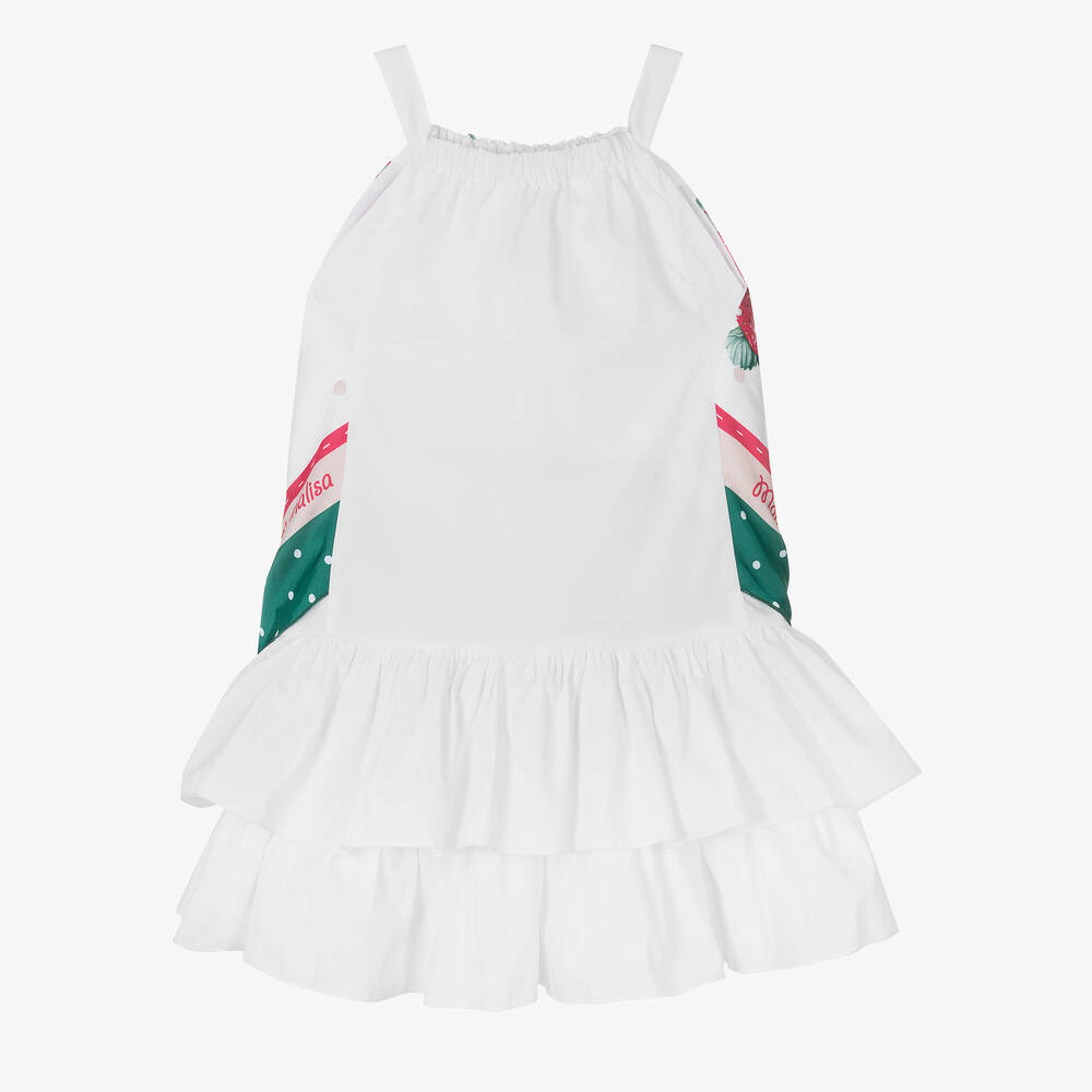 Monnalisa-Girls White Strawberry Satin Scarf Dress | Childrensalon Outlet