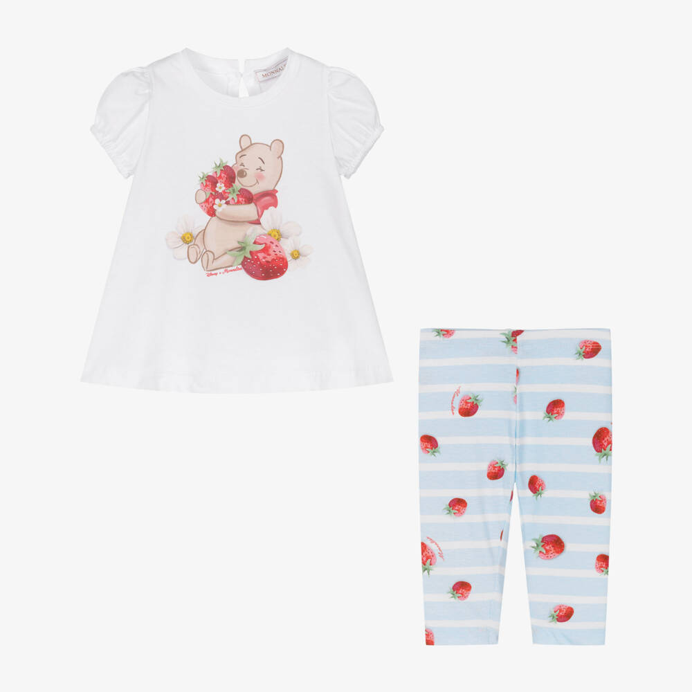 Monnalisa-Girls White Striped Cotton Winnie The Pooh Leggings Set | Childrensalon Outlet