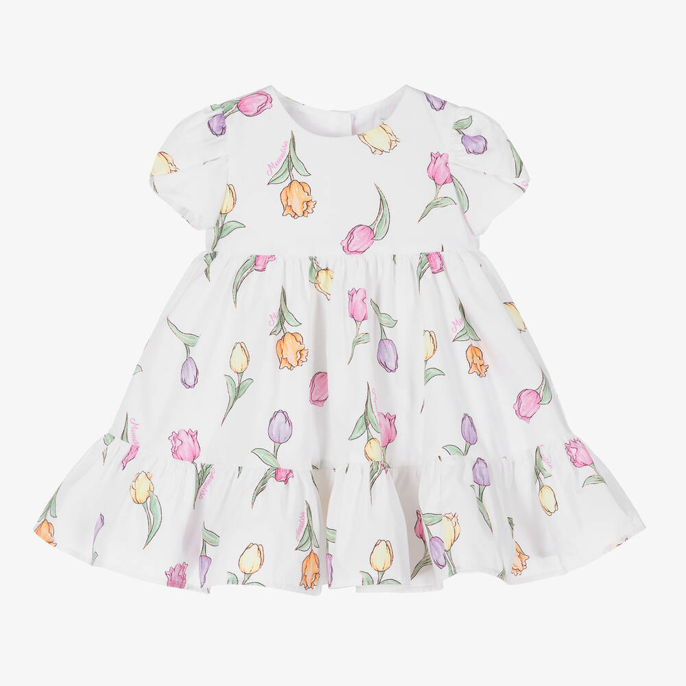 Monnalisa - Girls White Tulip Print Cotton Dress | Childrensalon
