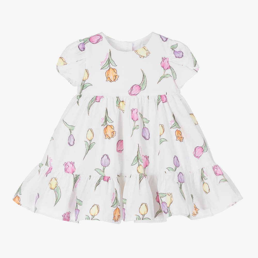 Monnalisa-Girls White Tulip Print Cotton Dress | Childrensalon Outlet