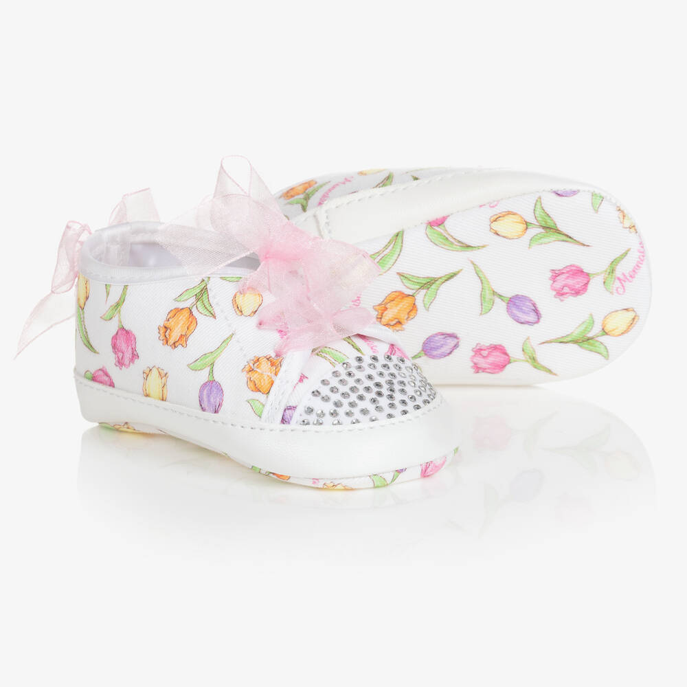 Monnalisa - Girls White Tulip Print Pre-Walker Shoes | Childrensalon