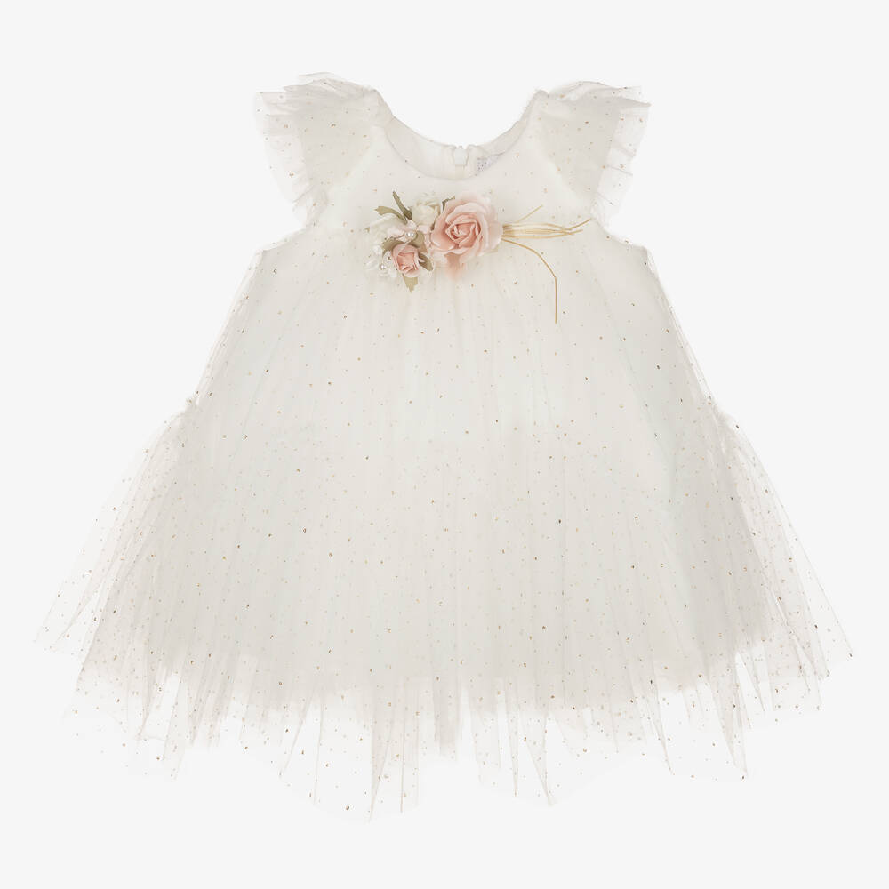 Monnalisa - Girls White Tulle & Gold Spot Dress | Childrensalon