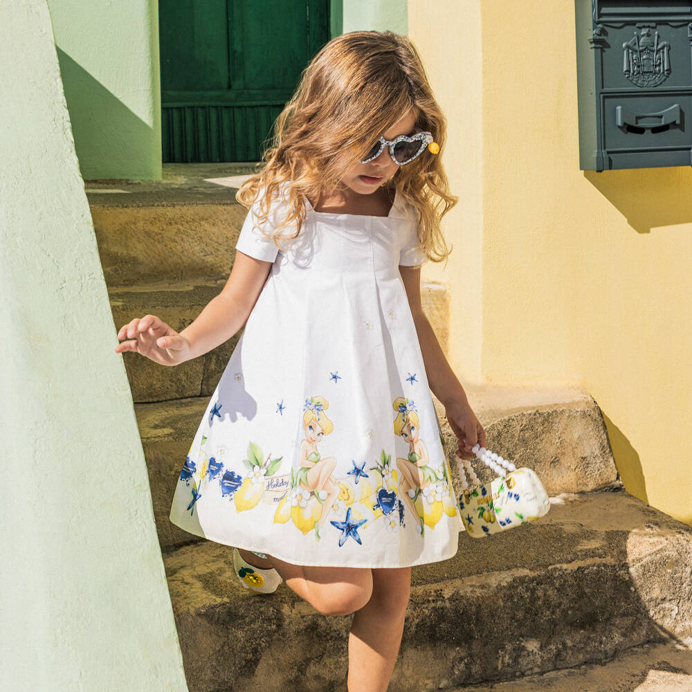 Monnalisa-Girls White & Yellow Cotton Tinkerbell Dress | Childrensalon Outlet