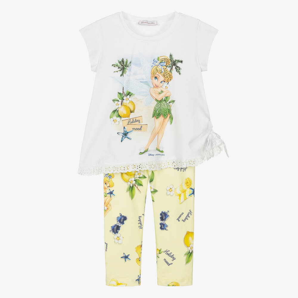 Monnalisa-Girls White & Yellow Cotton Tinkerbell Leggings Set | Childrensalon Outlet