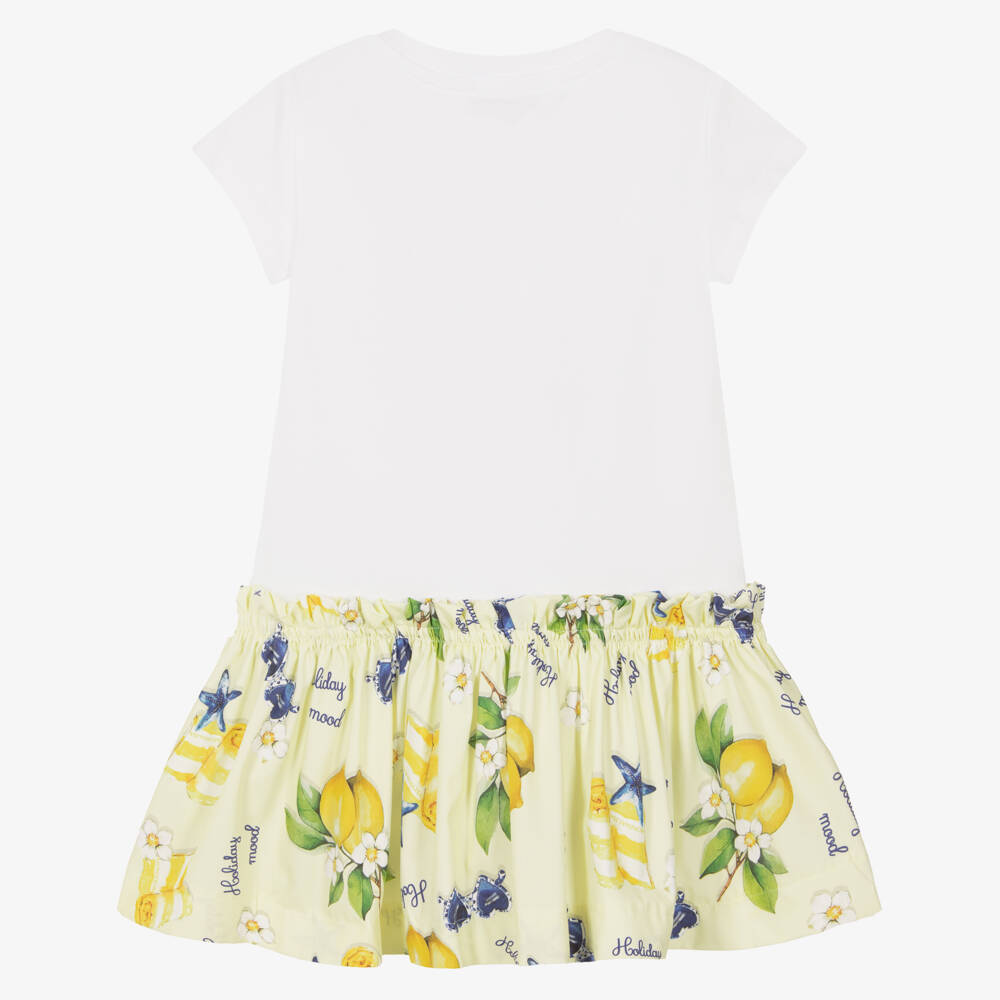 Monnalisa-Girls White & Yellow Lemon Print Dress | Childrensalon Outlet