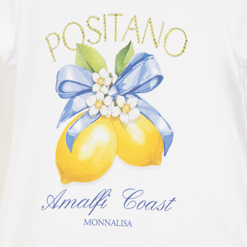 Monnalisa-Girls White & Yellow Lemon Print Dress | Childrensalon Outlet
