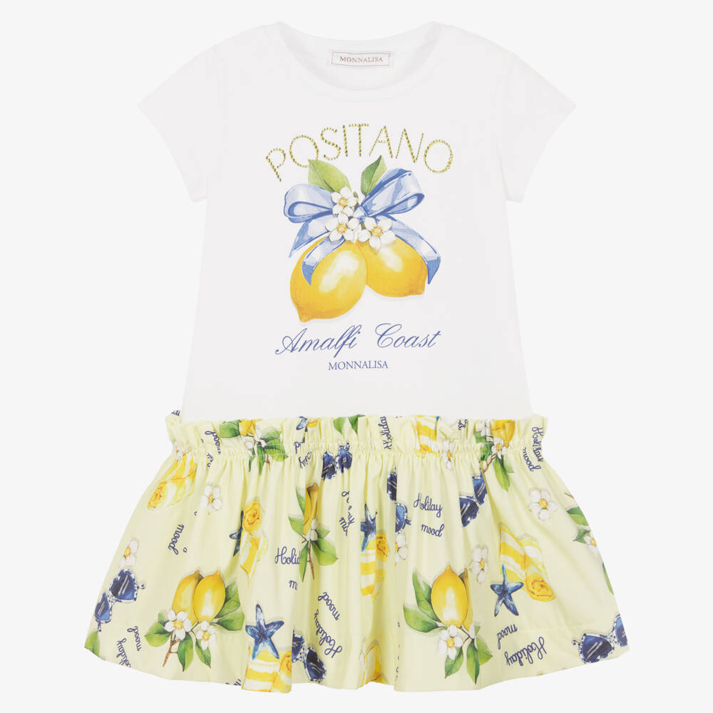 Monnalisa-Girls White & Yellow Lemon Print Dress | Childrensalon Outlet